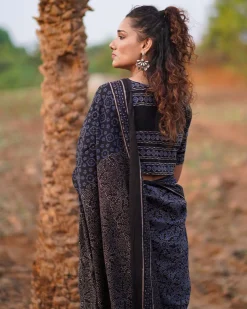 Nightscented Orchids Blockprinted Cotton Saree-WWB