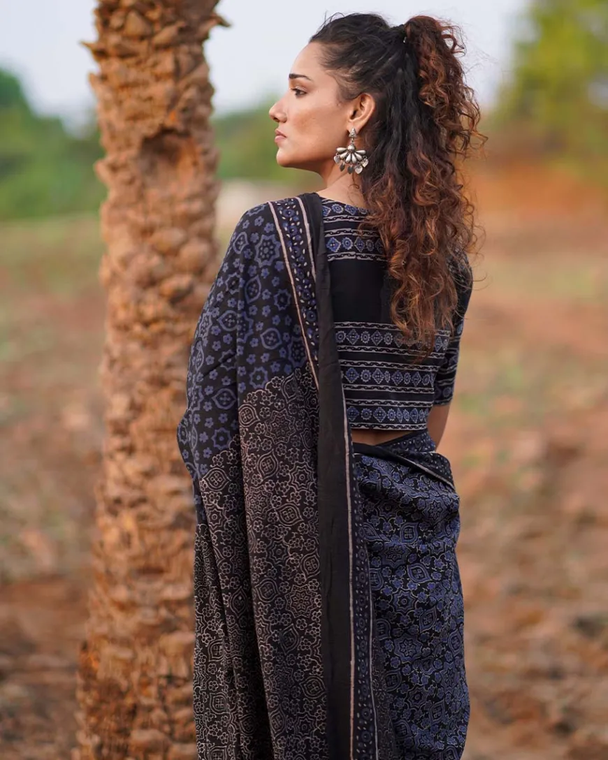 Nightscented Orchids Blockprinted Cotton Saree-WWB