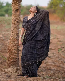 Nightscented Orchids Blockprinted Cotton Saree-WWB