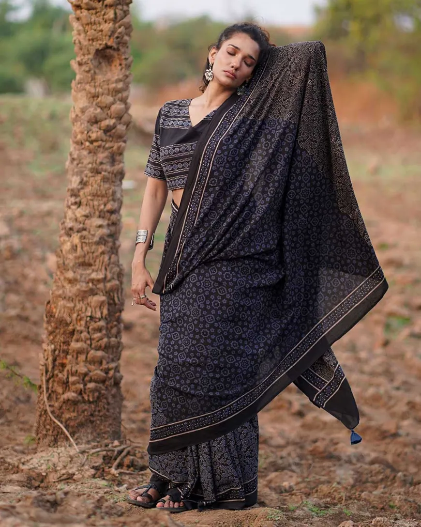 Nightscented Orchids Blockprinted Cotton Saree-WWB