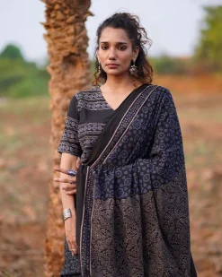 Nightscented Orchids Blockprinted Cotton Saree-WWB