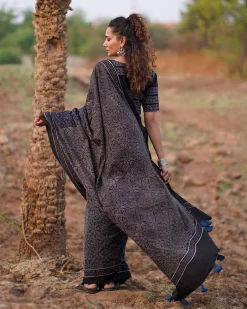 Nightscented Orchids Blockprinted Cotton Saree-WWB