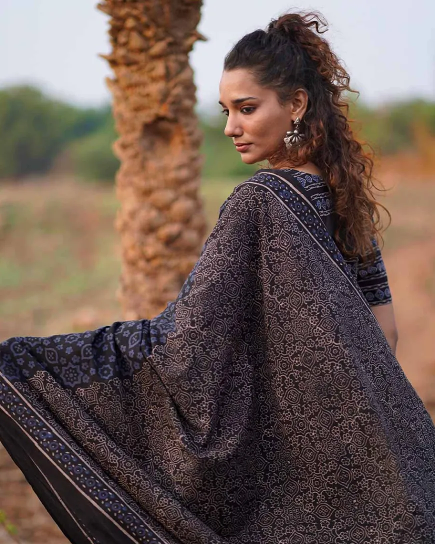 Nightscented Orchids Blockprinted Cotton Saree-WWB