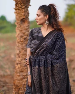 Nightscented Orchids Blockprinted Cotton Saree-WWB