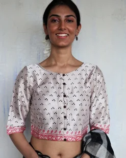 Noor Ivory Hand Blockprinted Mashru Silk Blouse-Yesterday