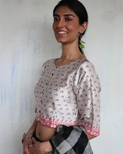 Noor Ivory Hand Blockprinted Mashru Silk Blouse-Yesterday