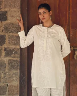 Oatmilk Sky Ivory Block Printed Kurti - SFD