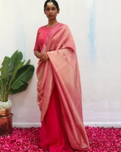 Ojaswee Rani Pink Handwoven Linen Zari Saree - Eknoor