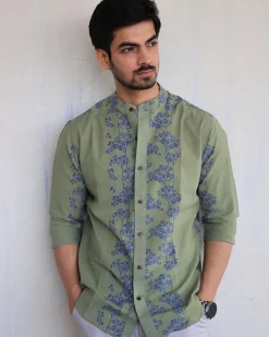 Olive Block-Printed Men'S Shirt