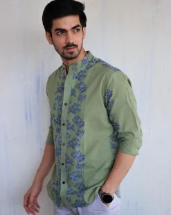 Olive Block-Printed Men'S Shirt