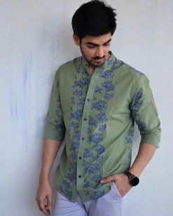Olive Block-Printed Men'S Shirt