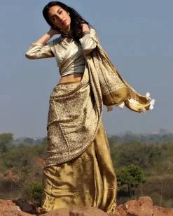 Olive Blockprinted Modal Silk Saree