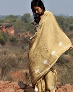 Olive Blockprinted Modal Silk Saree