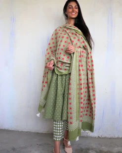 Olive Green Pure Cotton Blockprinted Dupatta-Ajooni