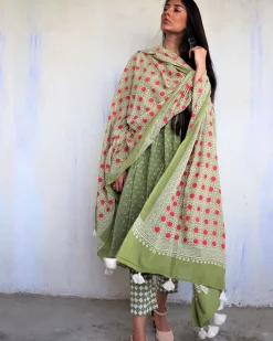 Olive Green Pure Cotton Blockprinted Dupatta-Ajooni