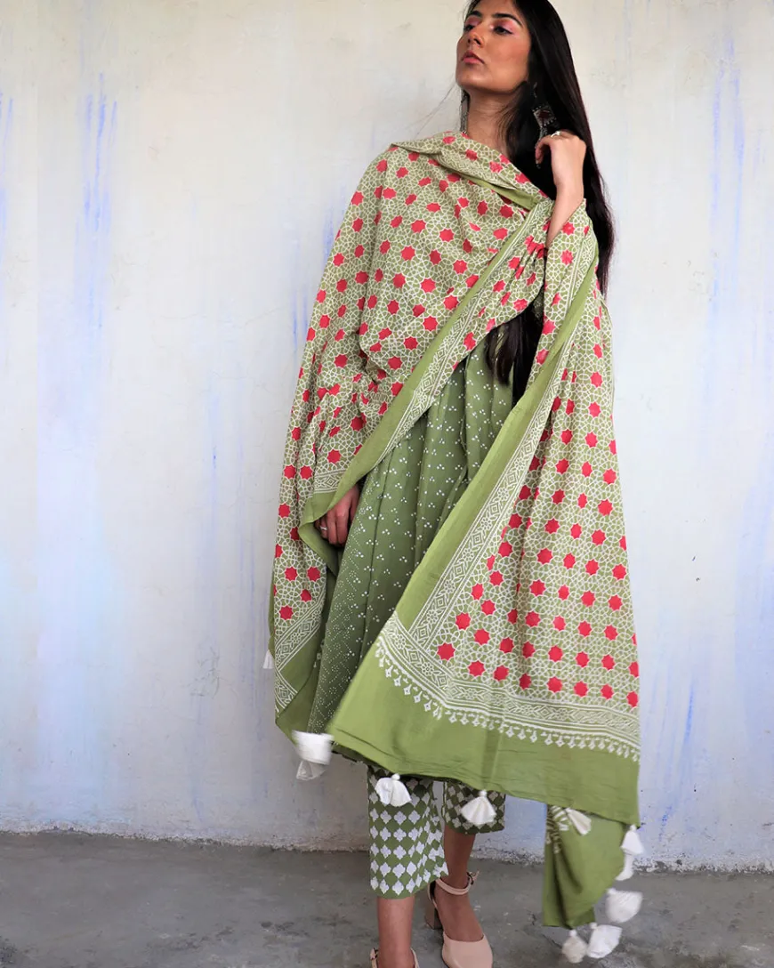 Olive Green Pure Cotton Blockprinted Dupatta-Ajooni