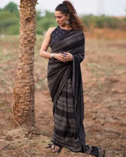 Open Field Blockprinted Cotton Saree-WWB