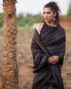 Open Field Blockprinted Cotton Saree-WWB