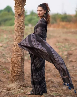 Open Field Blockprinted Cotton Saree-WWB