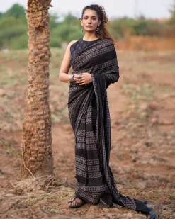 Open Field Blockprinted Cotton Saree-WWB