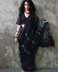 Oriana  Handblockprinted Cotton Saree - Kohl