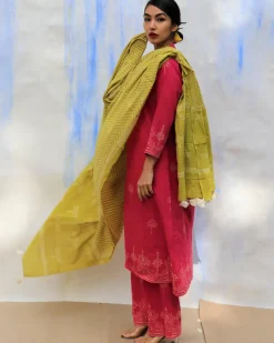 Parrot Green Handprinted Pure Cotton Dupatta -Skd