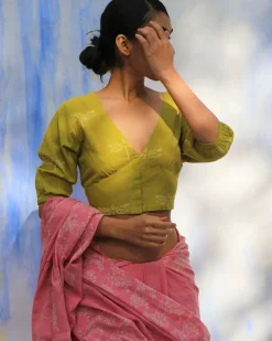 Parrot Green Handprinted Pure Cotton Crop Top Blouse -Skd