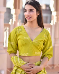 Parrot Green Handprinted Pure Cotton Crop Top Blouse -Skd
