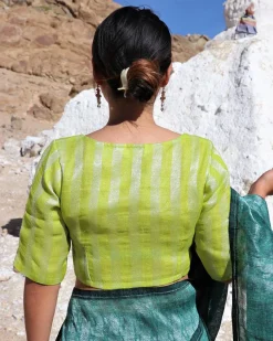 Parrot Green Handwoven Linen Zari Blouse-Samah