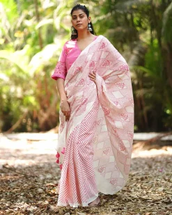 Passion of Peonies Blush Pink Block Printed Saree - MMG