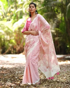 Passion of Peonies Blush Pink Block Printed Saree - MMG
