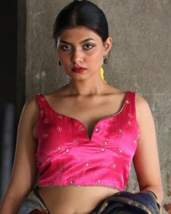 Passionate Pink Hand Embroidered Sleeveless Blouse In Mashru Silk - Gazala