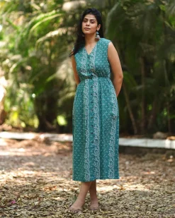 Petunias’ Perfume Teal Green Block Printed Cotton Dress - MMG