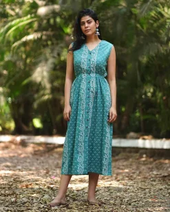 Petunias’ Perfume Teal Green Block Printed Cotton Dress - MMG