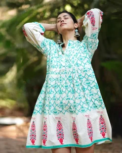Petunia’s Poise Teal Green Block Printed Cotton Dress - MMG