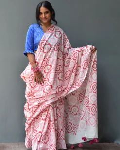 Phool Handblock Printed Mulmul Cotton Saree