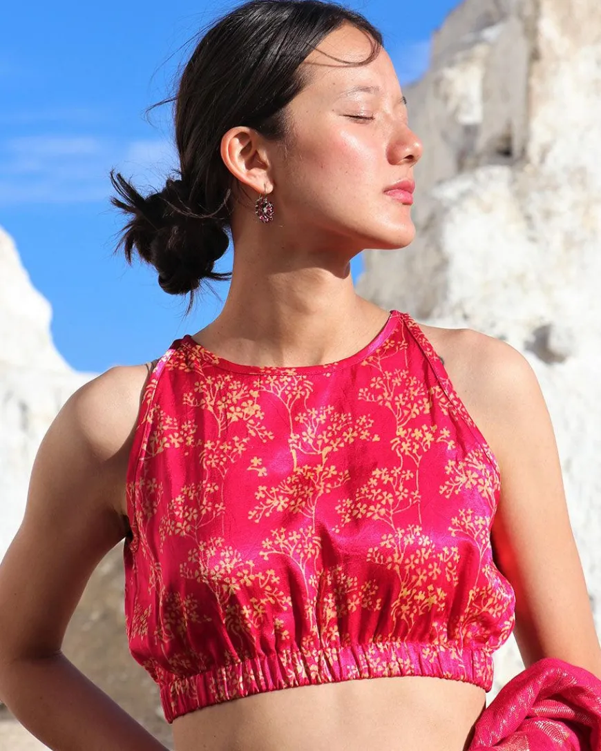 Pink Bel Blockprinted Mashru Silk Blouse-Lagn
