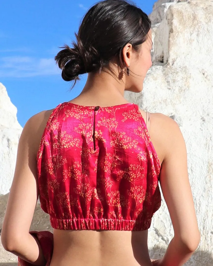 Pink Bel Blockprinted Mashru Silk Blouse-Lagn