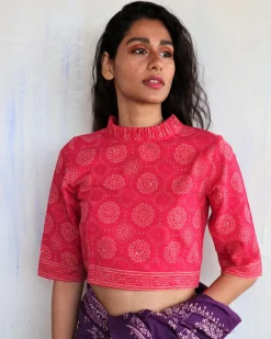 Pink Blockprinted Crop Top Cotton Blouse-Butterflygirls