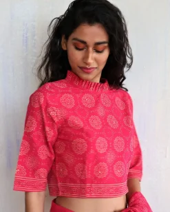 Pink Blockprinted Crop Top Cotton Blouse-Butterflygirls