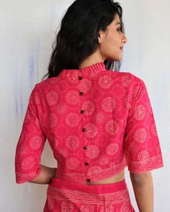 Pink Blockprinted Crop Top Cotton Blouse-Butterflygirls