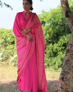 Pink Blockprinted Modal Silk Saree - Rang