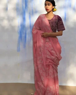 Pink Bouquet Handblock Printed Cotton Saree-Skd