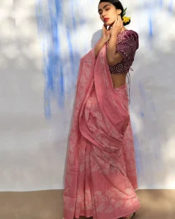 Pink Bouquet Handblock Printed Cotton Saree-Skd