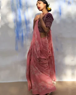 Pink Bouquet Handblock Printed Cotton Saree-Skd