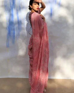 Pink Bouquet Handblock Printed Cotton Saree-Skd