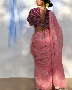 Pink Bouquet Handblock Printed Cotton Saree-Skd