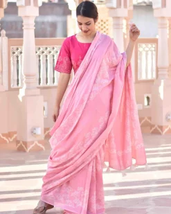 Pink Bouquet Handblock Printed Cotton Saree-Skd