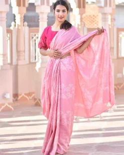 Pink Bouquet Handblock Printed Cotton Saree-Skd