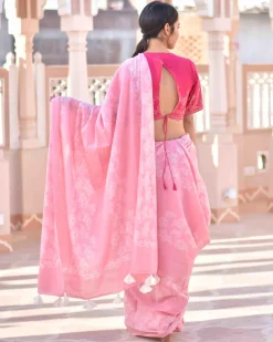 Pink Bouquet Handblock Printed Cotton Saree-Skd